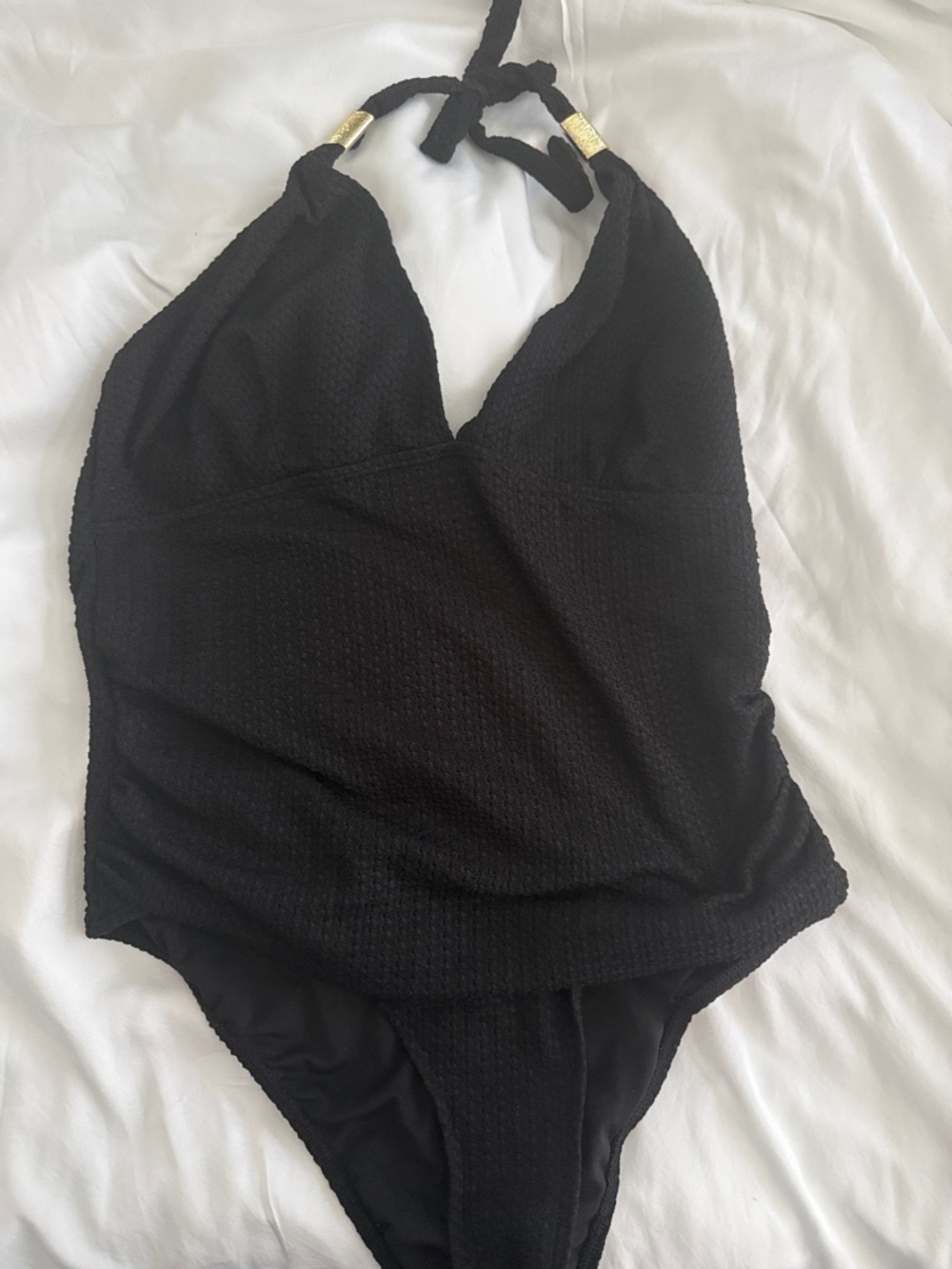 Black Textured Halter One-Piece Swimsuit